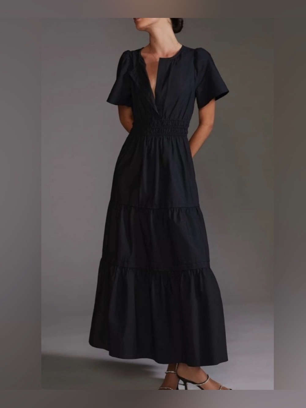 Anthropologie The Somerset Maxi Dress Poplin Edition Tiered Smock Black XSP -NWT